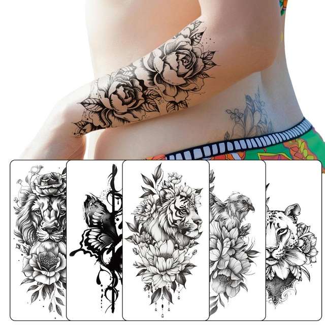 European American Style Eco-Friendly Non-Toxic Paper Customizable Temporary Tattoo Stickers Flower Arm Design Lions Waterproof