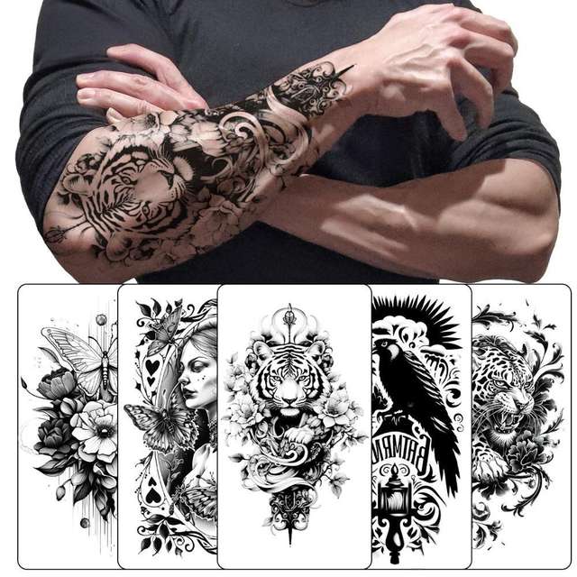European American Style Colorful Sleeve Temporary Tattoo Stickers Paper Body Wolf Head Simple Floral Design 3D Realistic