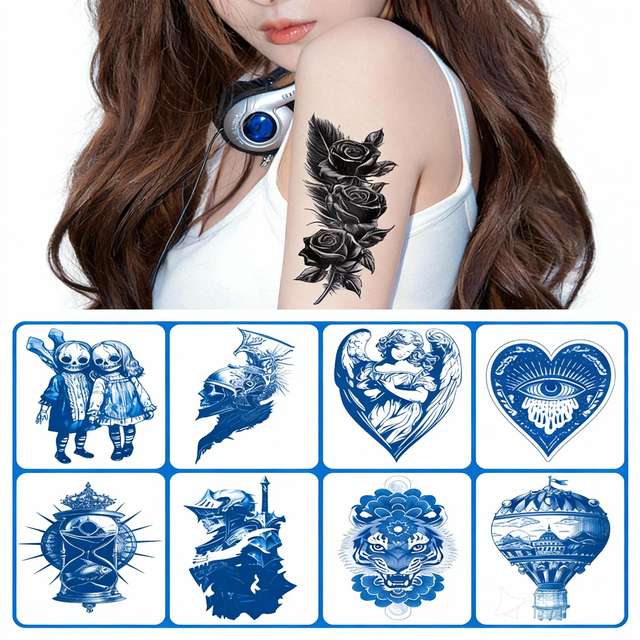 Herbal Juice Full Body Temporary Tattoo Sticker Paper Eco-Friendly Matte Blue Water Resistant Semi-Permanent Water Transfer