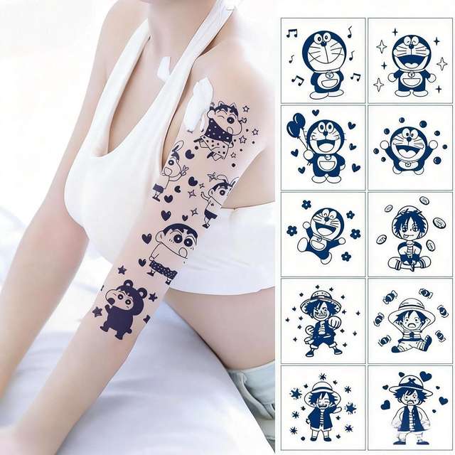 Temporary Eco-Friendly Herbal Juice Tattoo Sticker Cartoon Patchwork Full Arm Face Waterproof Sweatproof Non-Reflective Body Art