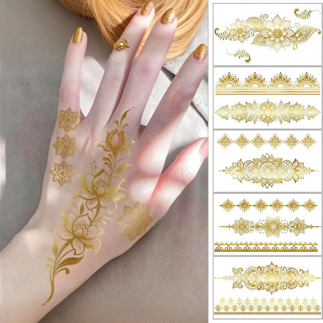 Exquisite Gold Foil Henna Tattoo Sticker Full Body Vintage Ethnic Style Water Transfer Printed Eco-Friendly Paper Makeup