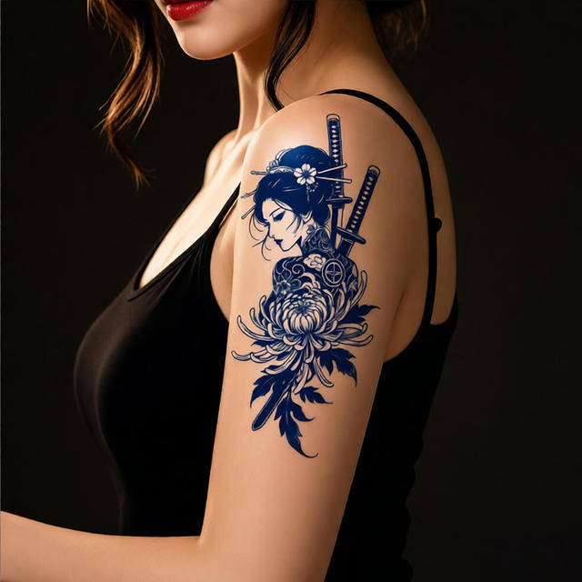 Japanese Floral Samurai White Paper Tattoo Sticker Semi Perm view 3